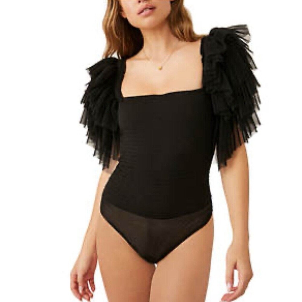 Free People Intimately Kill the Lights Bodysuit Black Tulle Ruffle Sleeve S New
